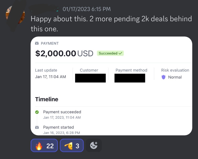 Payment success screenshot showing $2,000 deal